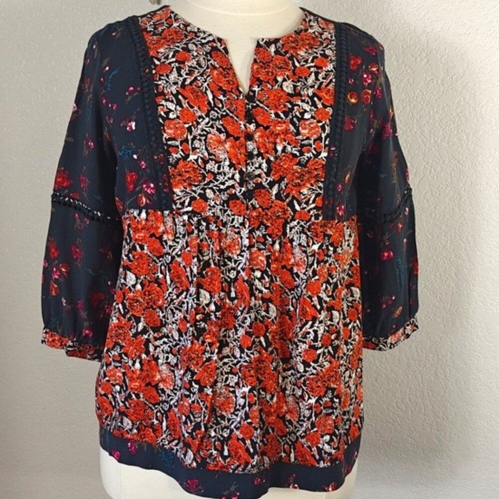 Caffé Marrakesh Size L Blouse Floral 3/4 Sleeve Babydoll Boho Hippie Top